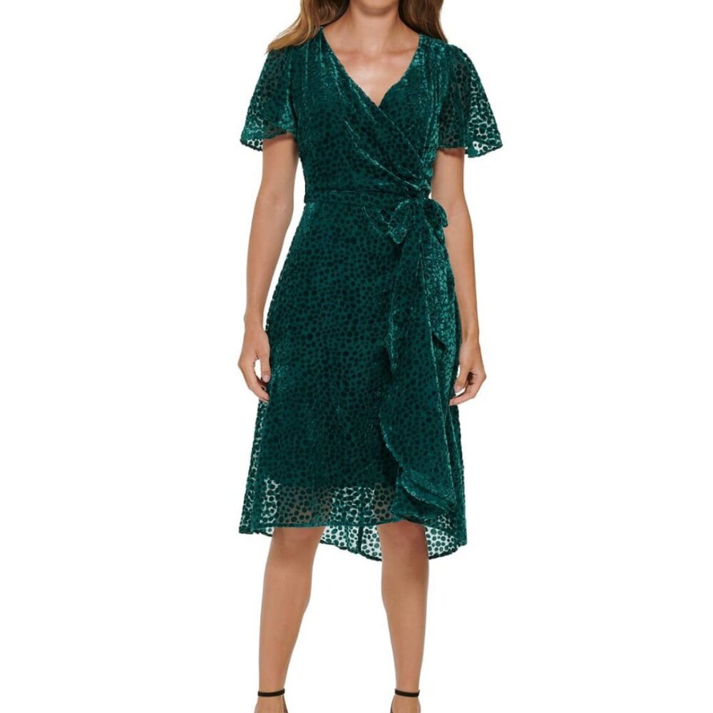 NWT DKNY Women’s Green Burnout Velvet Flutter-Sleeve Midi Dress